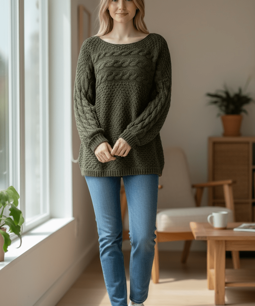 Cable Knit Sweater - Bonsai - Blue Sky Fashions & Lingerie