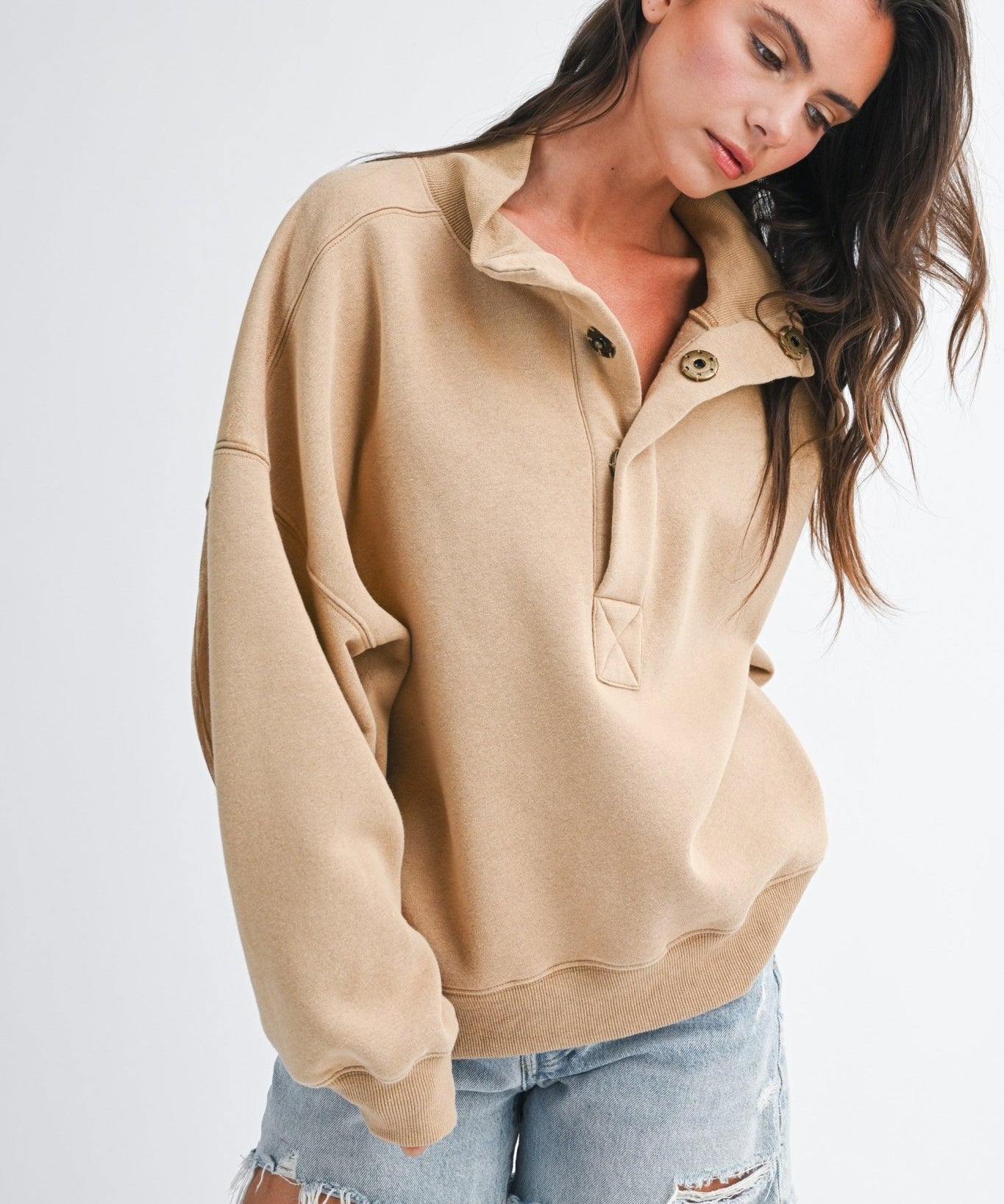 Carmen Oversized Snap Neck Pullover Sweatshirt - Blue Sky Fashions & Lingerie