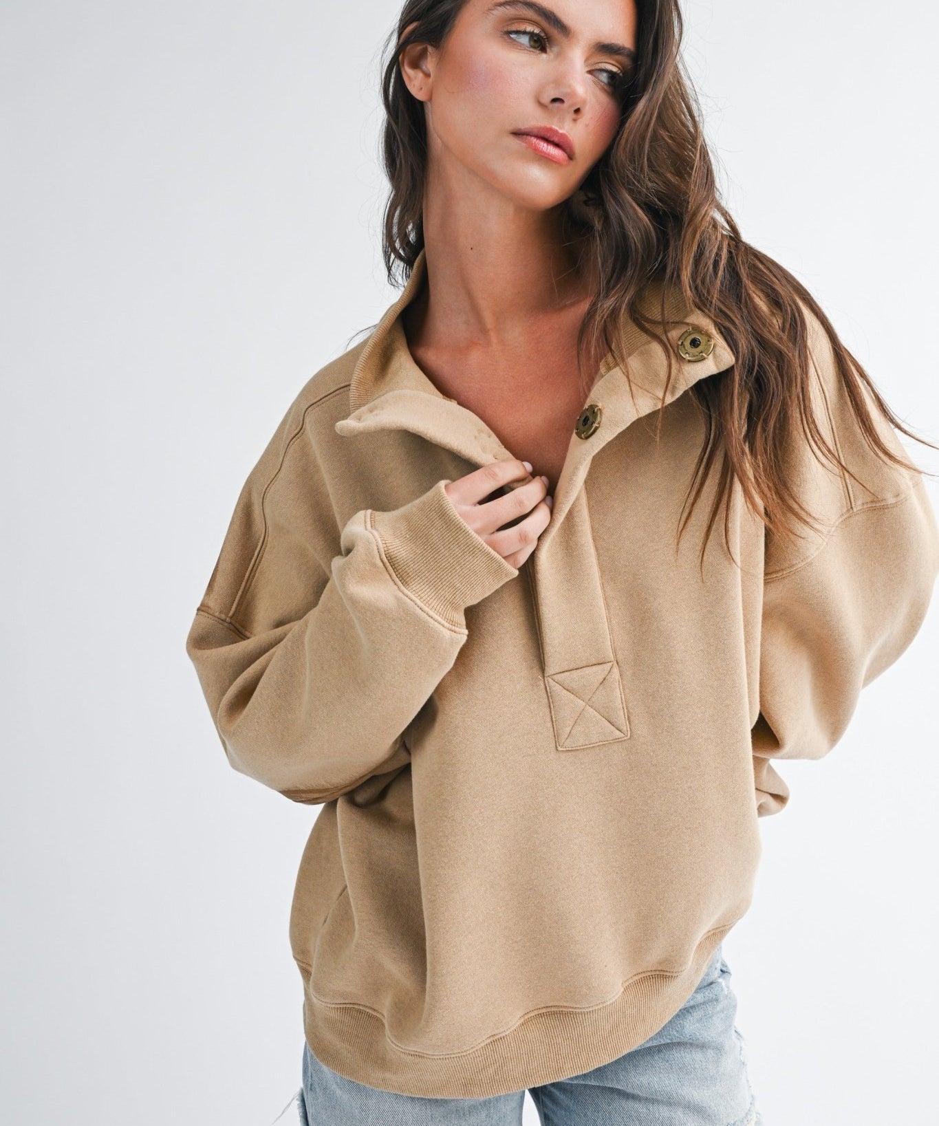 Carmen Oversized Snap Neck Pullover Sweatshirt - Blue Sky Fashions & Lingerie