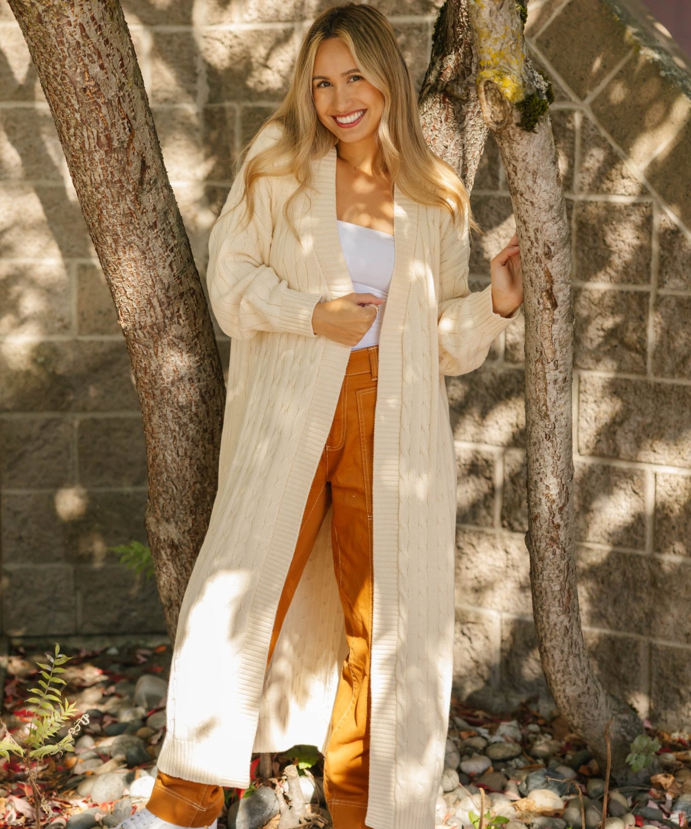 CECILIA CABLE KNIT LONG CARDIGAN IN CREAM - Blue Sky Fashions & Lingerie