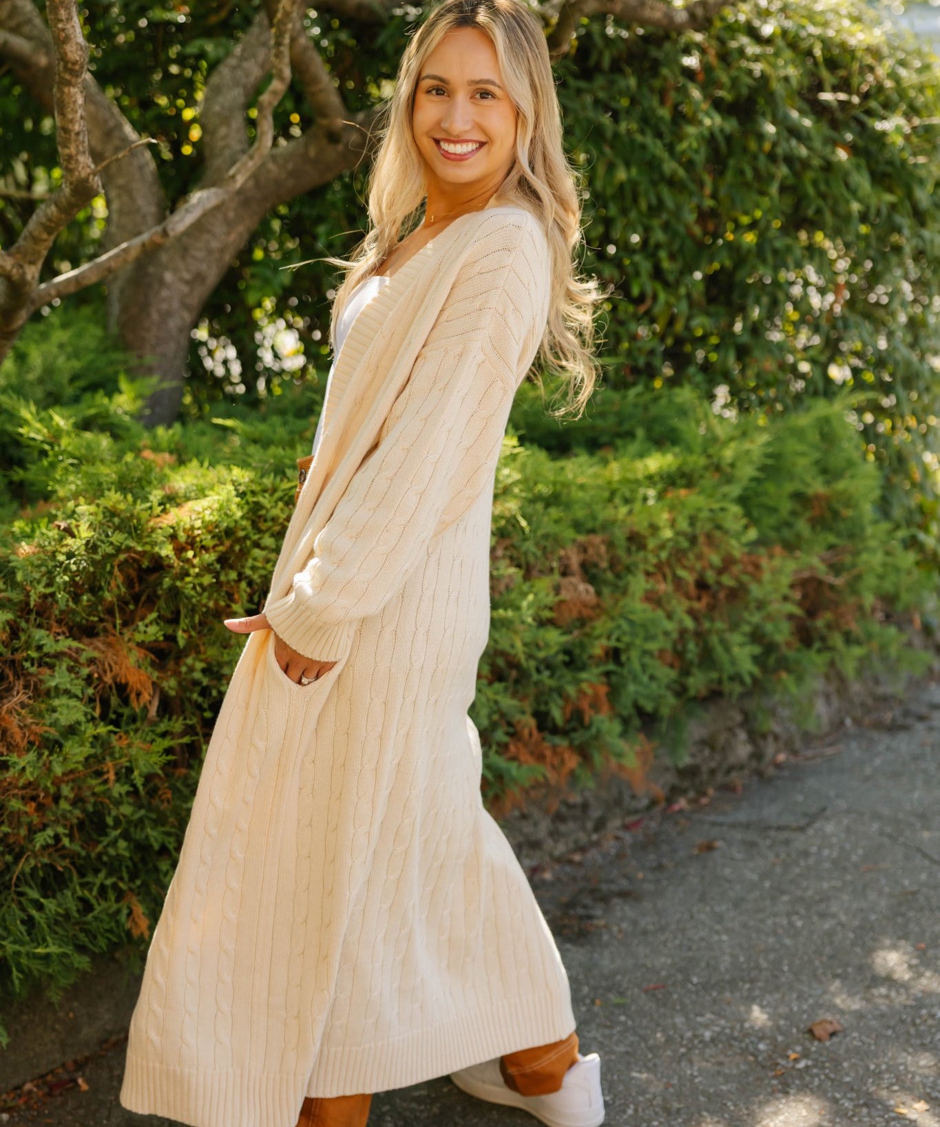 CECILIA CABLE KNIT LONG CARDIGAN IN CREAM - Blue Sky Fashions & Lingerie