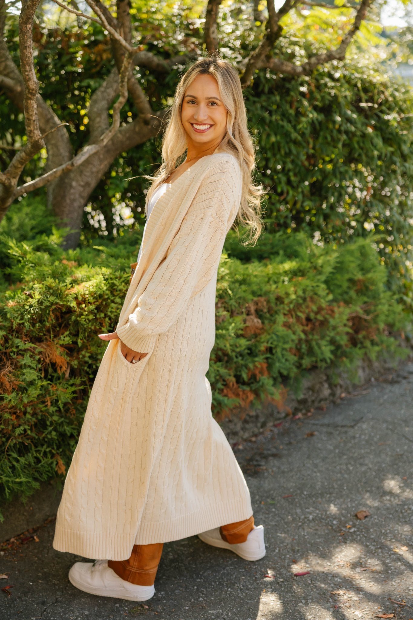 CECILIA CABLE KNIT LONG CARDIGAN IN CREAM - Blue Sky Fashions & Lingerie