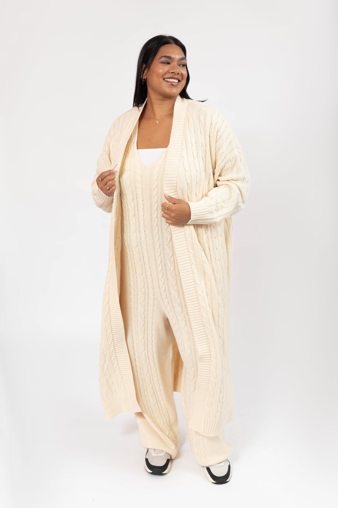 CECILIA CABLE KNIT LONG CARDIGAN IN CREAM - Blue Sky Fashions & Lingerie