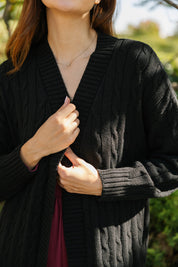 CECILIA CABLE KNIT LONG CARDIGAN IN MIDNIGHT BLACK - Blue Sky Fashions & Lingerie