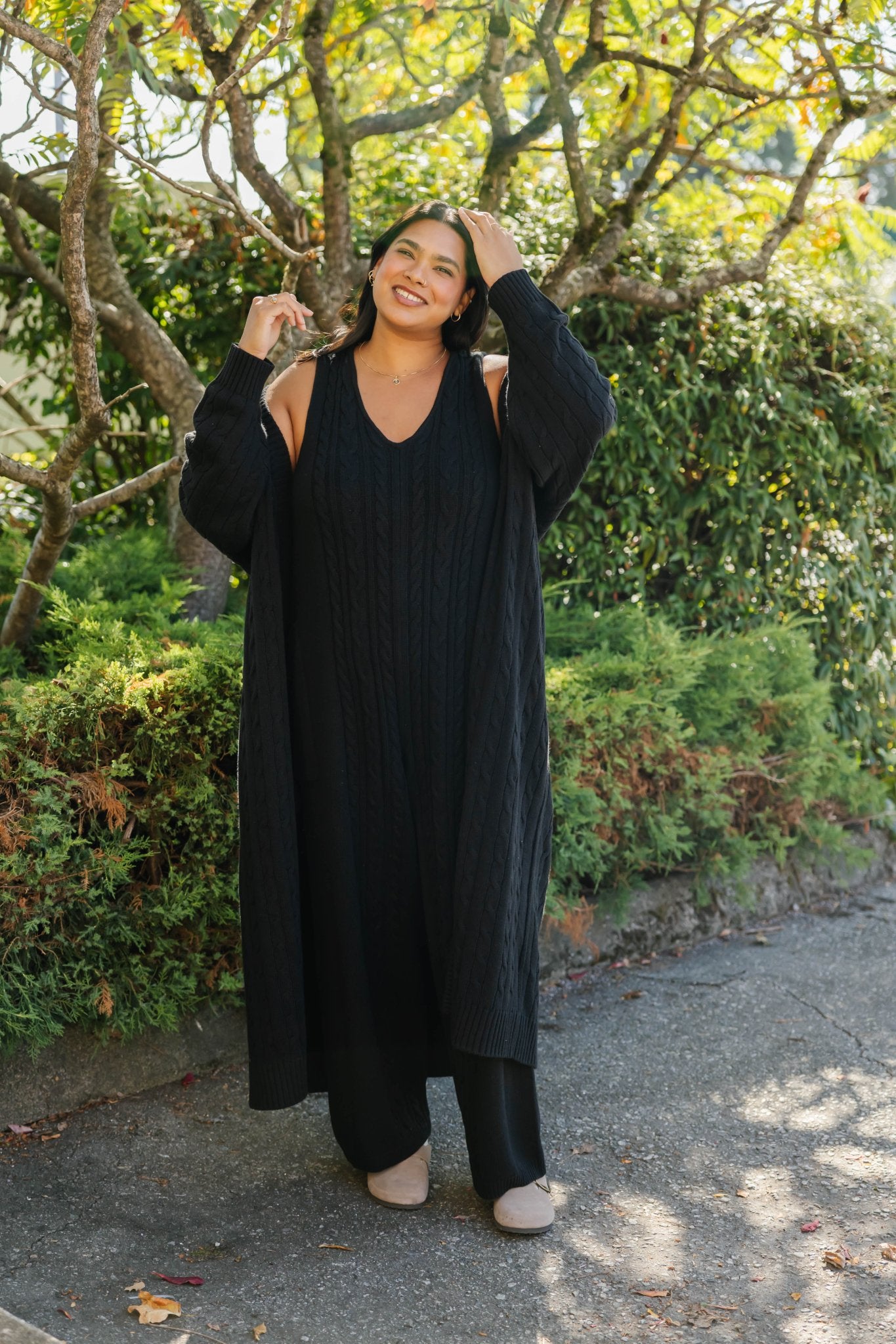 CECILIA CABLE KNIT LONG CARDIGAN IN MIDNIGHT BLACK - Blue Sky Fashions & Lingerie