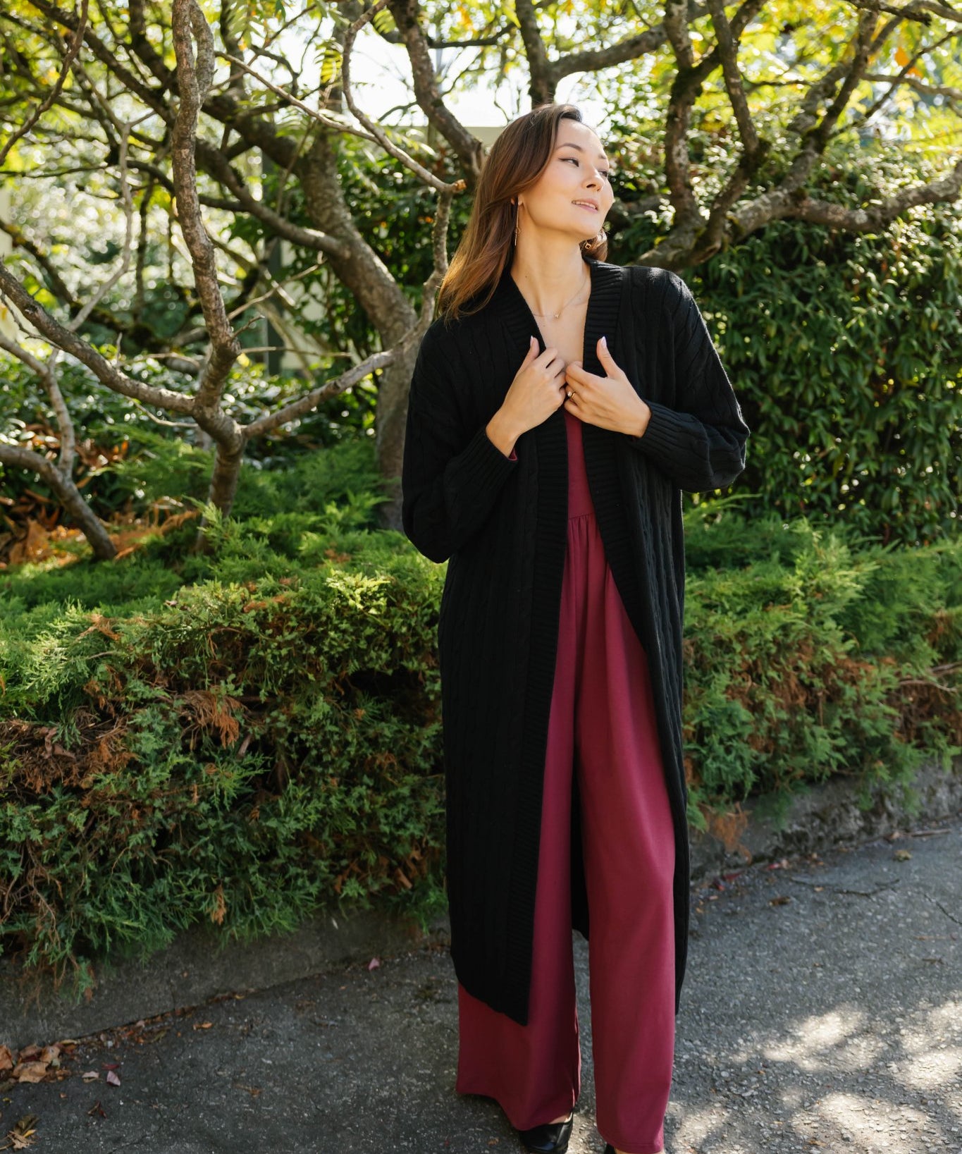 CECILIA CABLE KNIT LONG CARDIGAN IN MIDNIGHT BLACK - Blue Sky Fashions & Lingerie