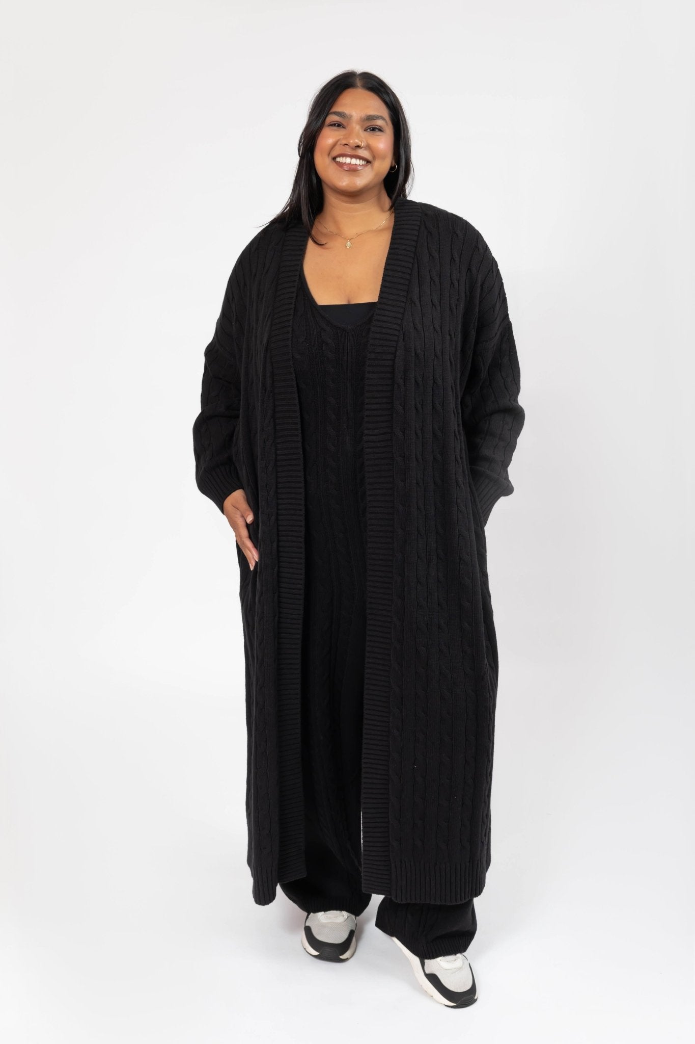 CECILIA CABLE KNIT LONG CARDIGAN IN MIDNIGHT BLACK - Blue Sky Fashions & Lingerie
