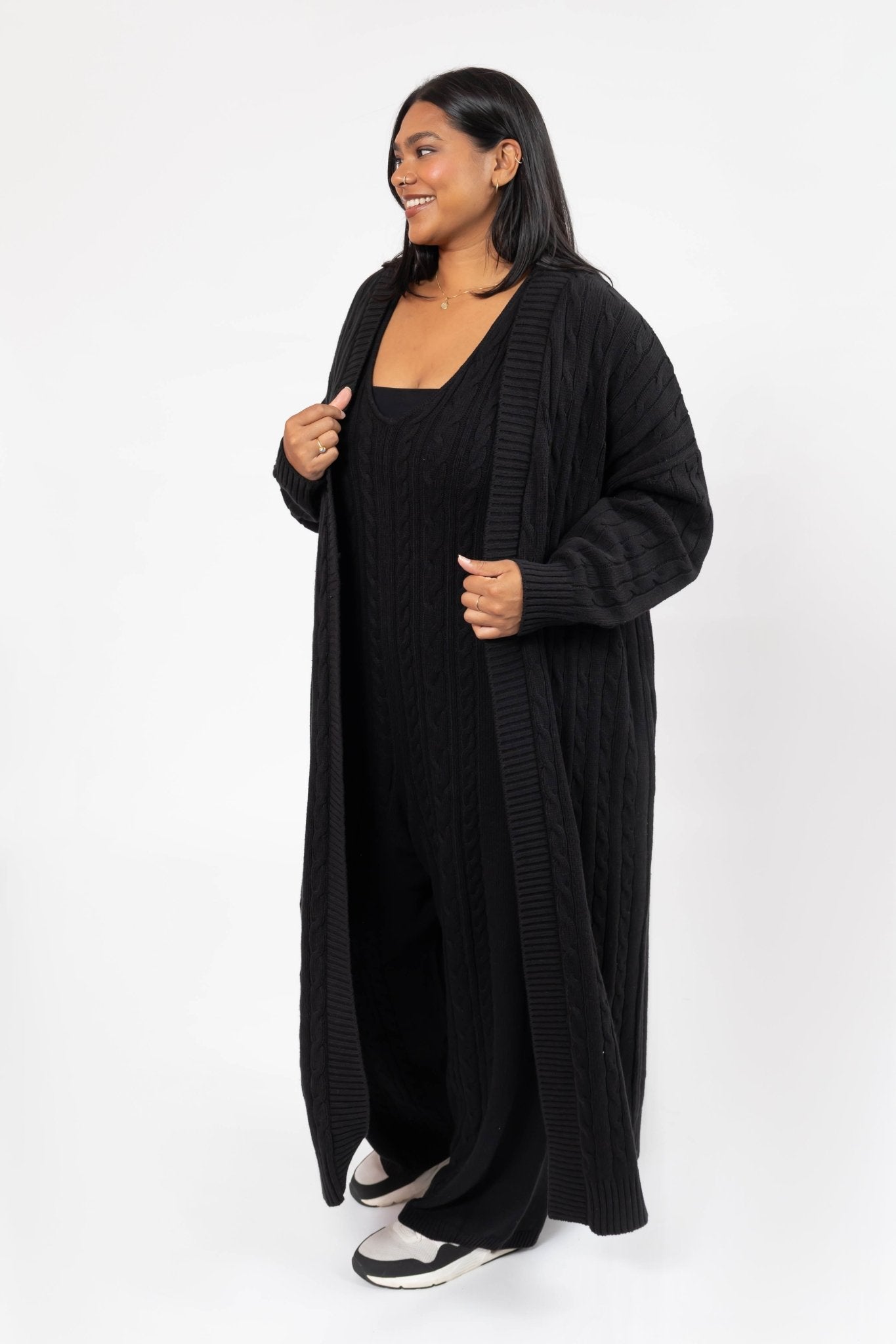 CECILIA CABLE KNIT LONG CARDIGAN IN MIDNIGHT BLACK - Blue Sky Fashions & Lingerie