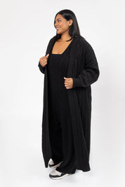 CECILIA CABLE KNIT LONG CARDIGAN IN MIDNIGHT BLACK - Blue Sky Fashions & Lingerie