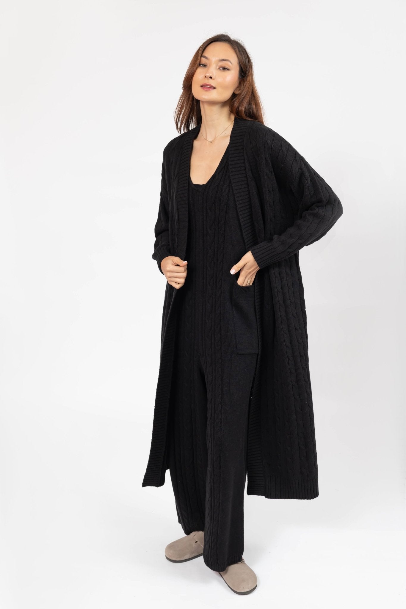 CECILIA CABLE KNIT LONG CARDIGAN IN MIDNIGHT BLACK - Blue Sky Fashions & Lingerie