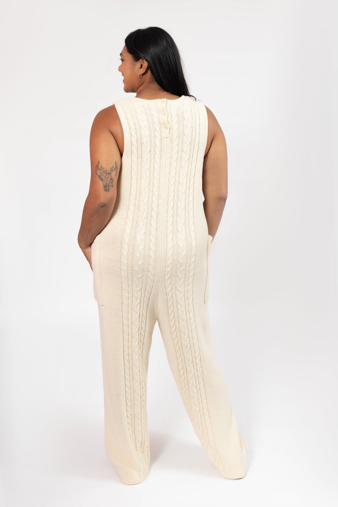 CECILIA CABLE KNIT STRAIGHT LEG ROMPER IN CREAM - Blue Sky Fashions & Lingerie
