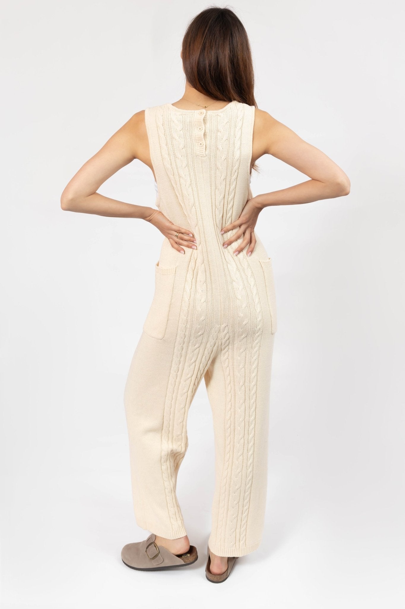 CECILIA CABLE KNIT STRAIGHT LEG ROMPER IN CREAM - Blue Sky Fashions & Lingerie