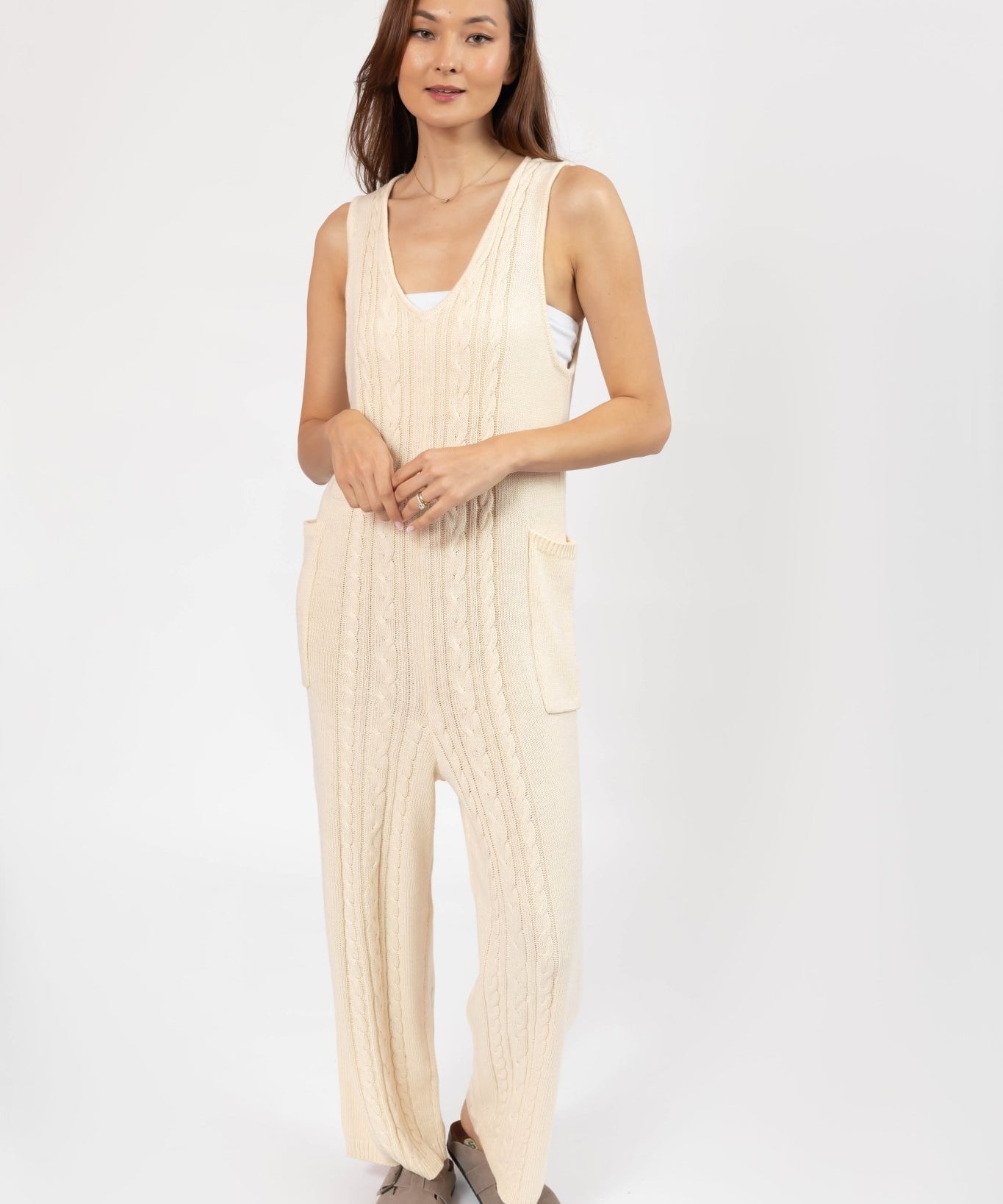 CECILIA CABLE KNIT STRAIGHT LEG ROMPER IN CREAM - Blue Sky Fashions & Lingerie