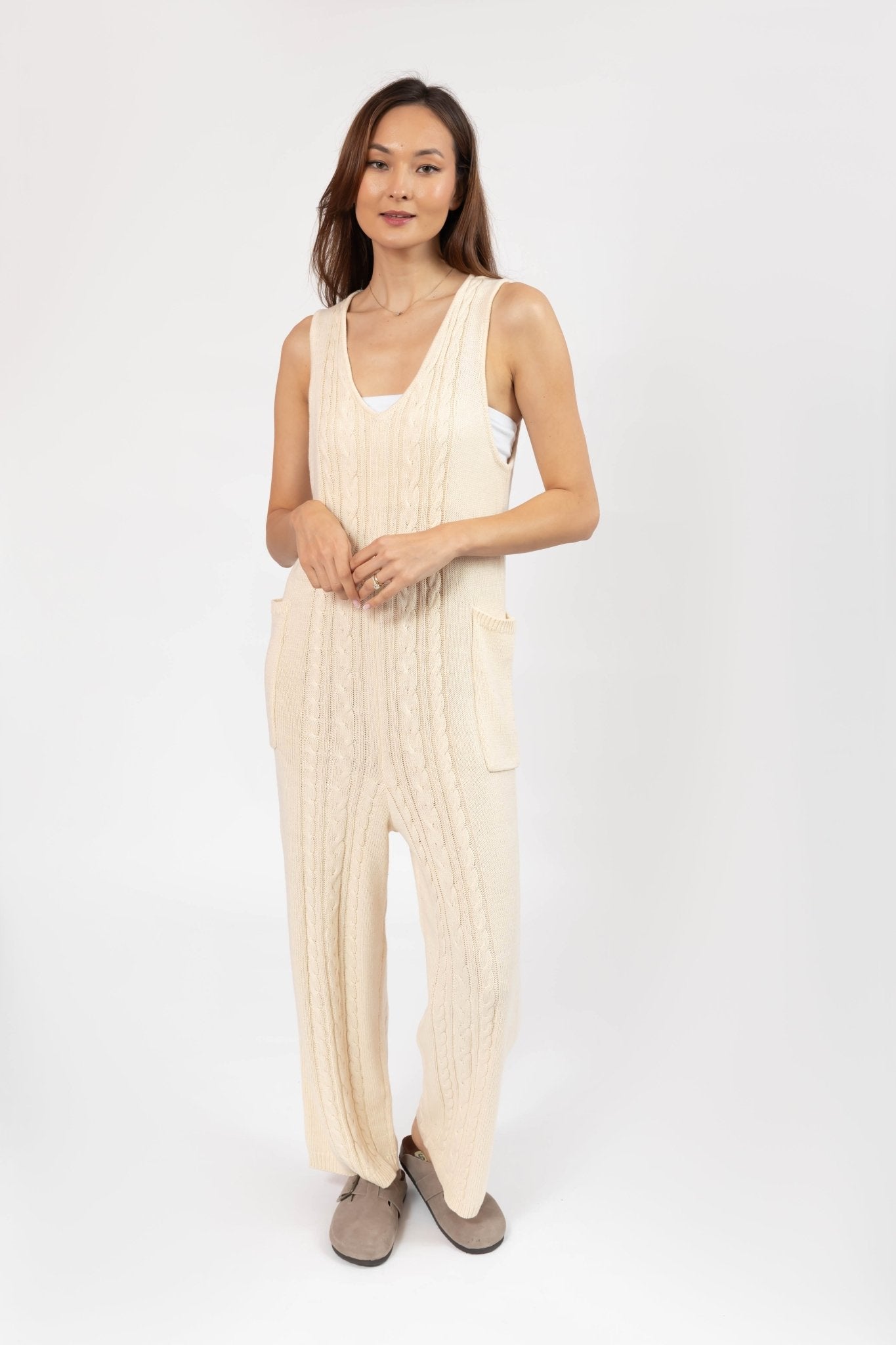 CECILIA CABLE KNIT STRAIGHT LEG ROMPER IN CREAM - Blue Sky Fashions & Lingerie