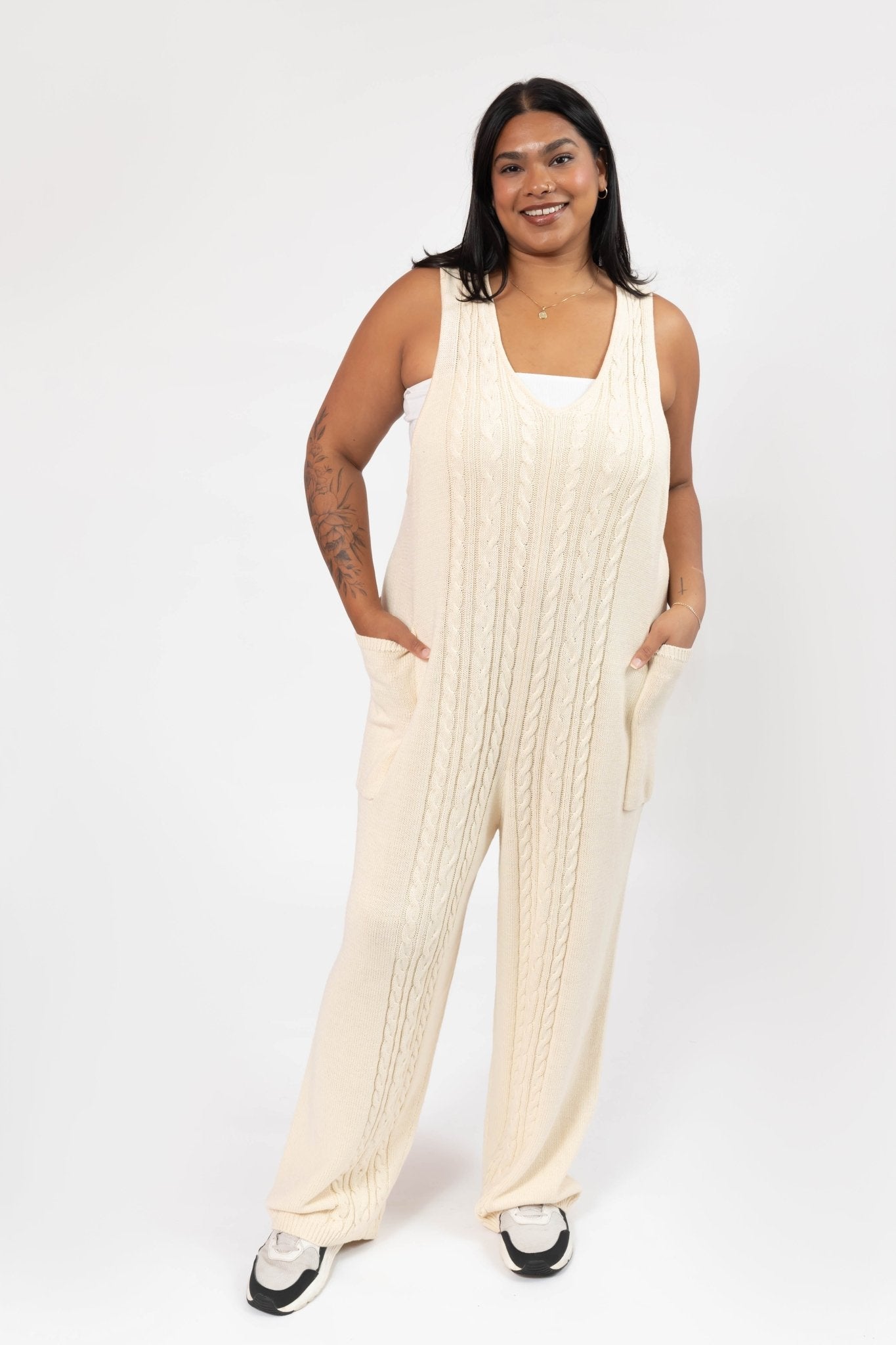 CECILIA CABLE KNIT STRAIGHT LEG ROMPER IN CREAM - Blue Sky Fashions & Lingerie