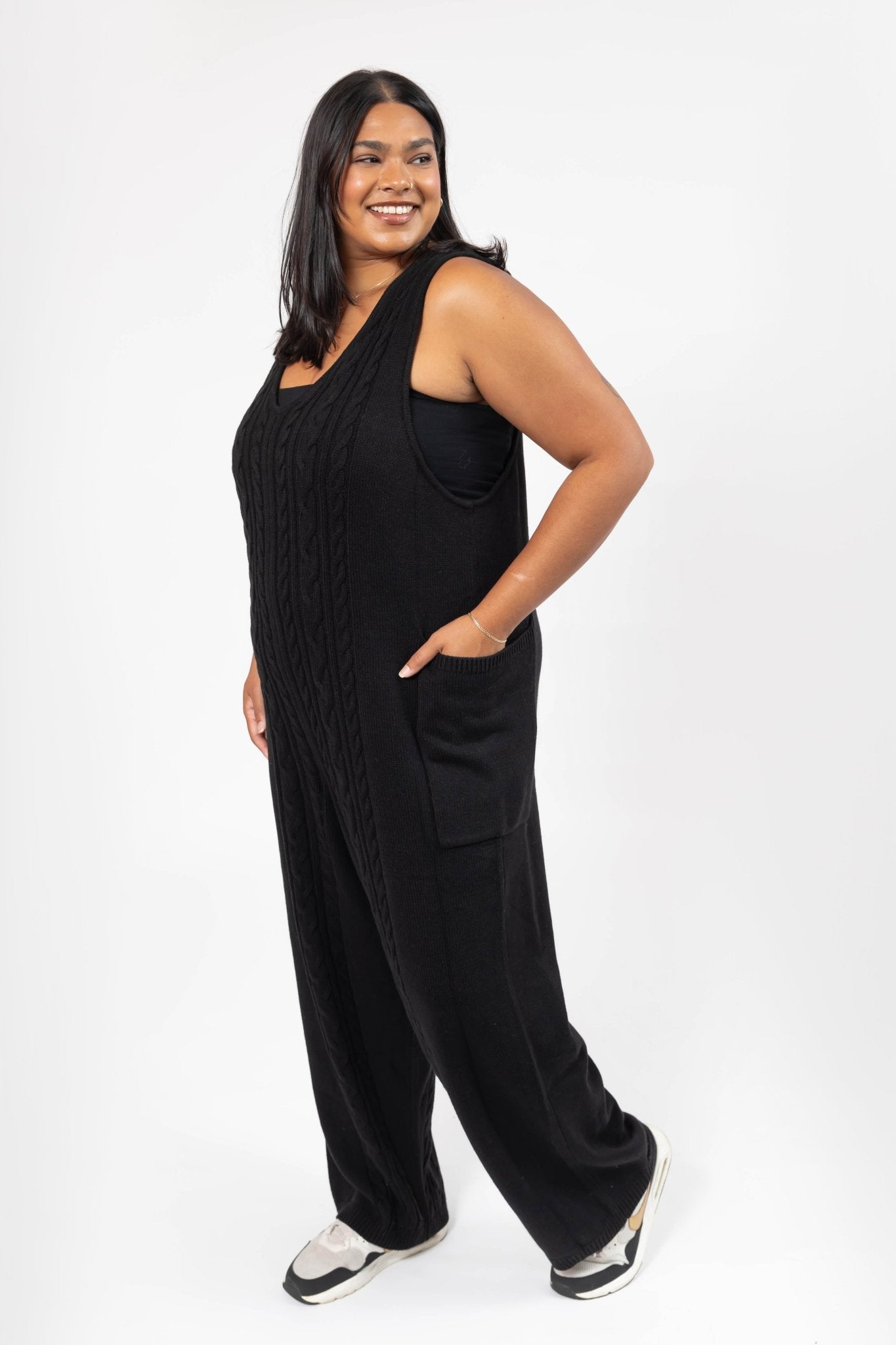 CECILIA CABLE KNIT STRAIGHT LEG ROMPER IN MIDNIGHT BLACK - Blue Sky Fashions & Lingerie