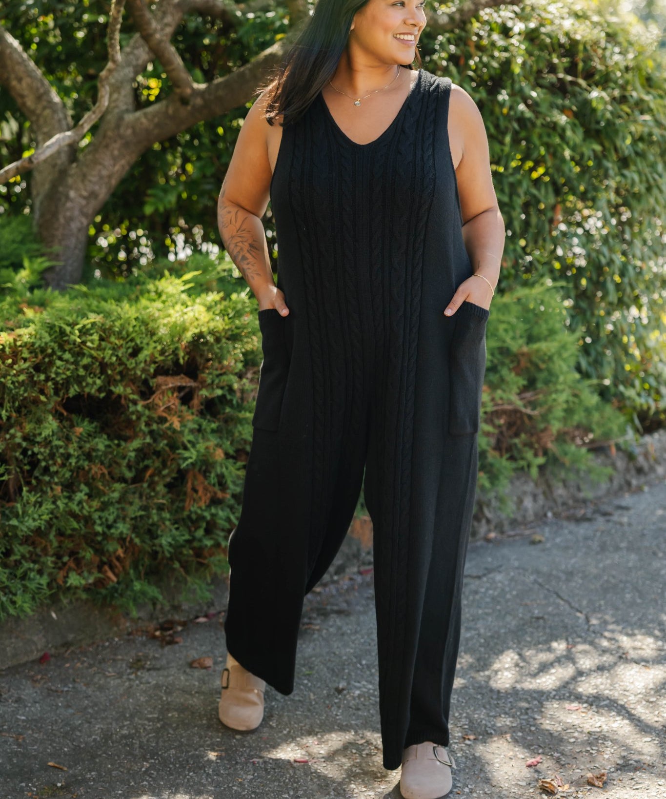 CECILIA CABLE KNIT STRAIGHT LEG ROMPER IN MIDNIGHT BLACK - Blue Sky Fashions & Lingerie