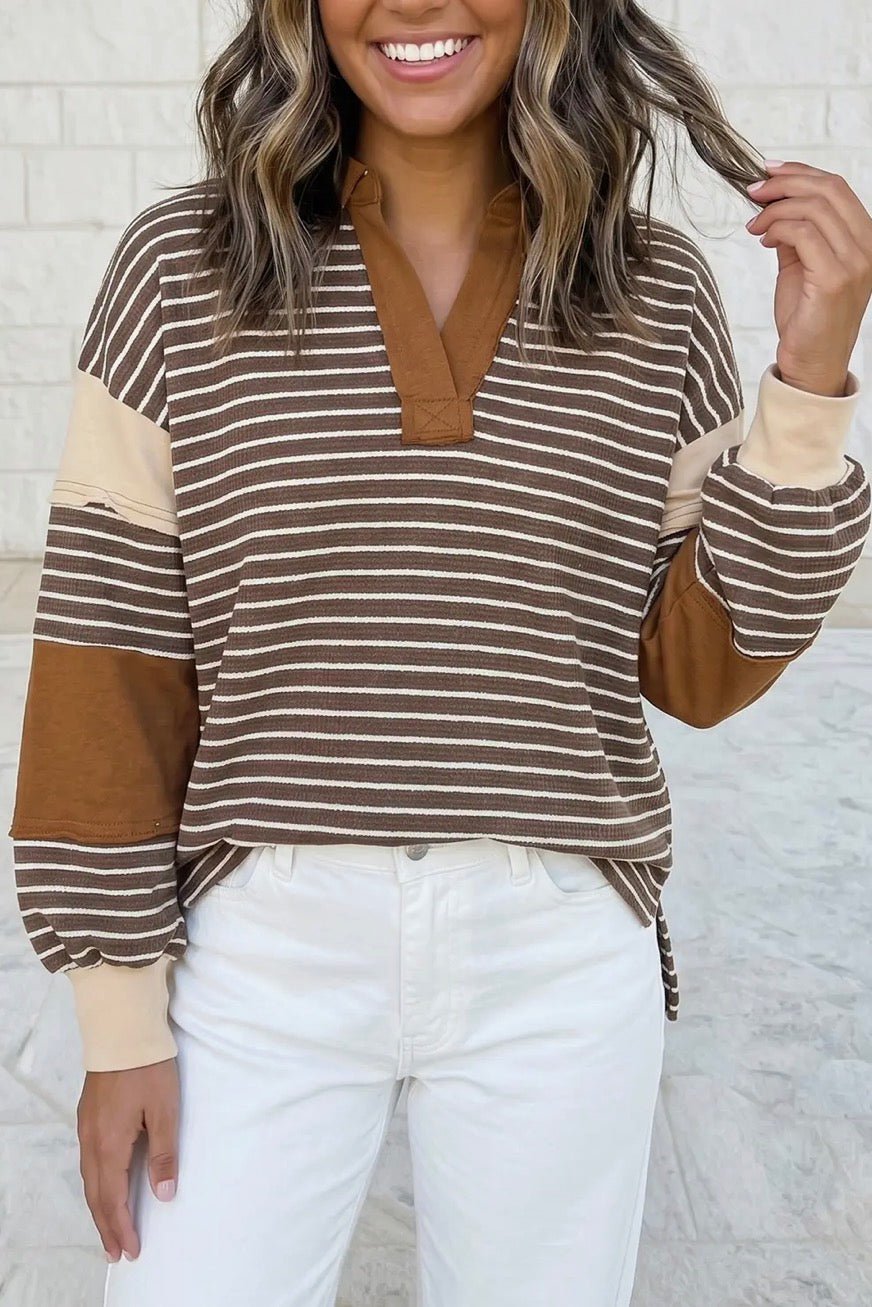 Collar V Neck Color Block Detail Long Sleeve Pullover - Blue Sky Fashions & Lingerie