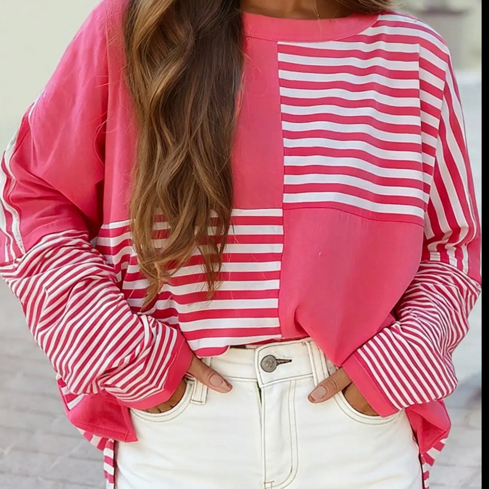 Colorblock Patchwork Drop Shoulder Long Sleeve Tunic Top - Pink Stripe - Blue Sky Fashions & Lingerie