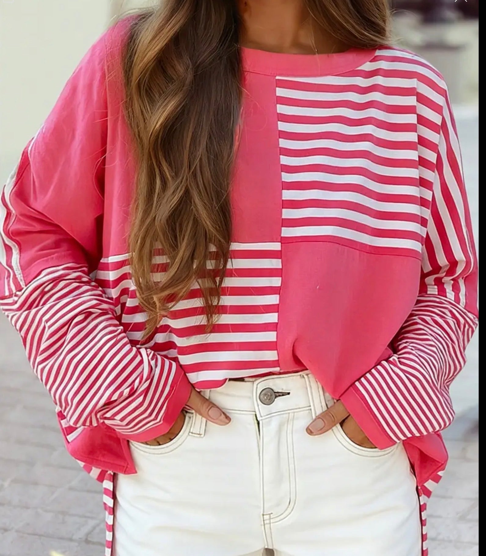 Colorblock Patchwork Drop Shoulder Long Sleeve Tunic Top - Pink Stripe - Blue Sky Fashions & Lingerie