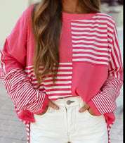 Colorblock Patchwork Drop Shoulder Long Sleeve Tunic Top - Pink Stripe - Blue Sky Fashions & Lingerie