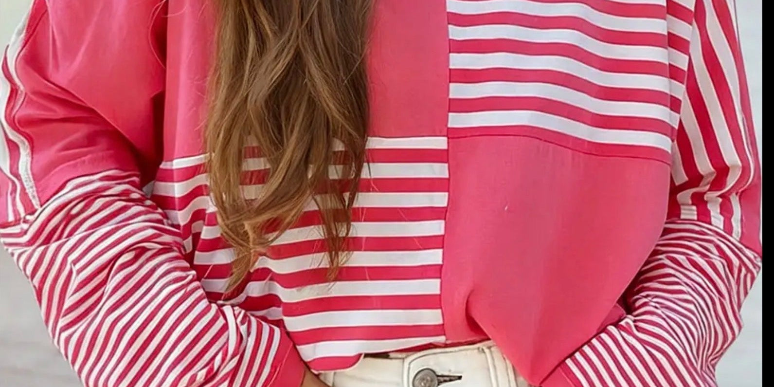 Colorblock Patchwork Drop Shoulder Long Sleeve Tunic Top - Pink Stripe - Blue Sky Fashions &amp; Lingerie