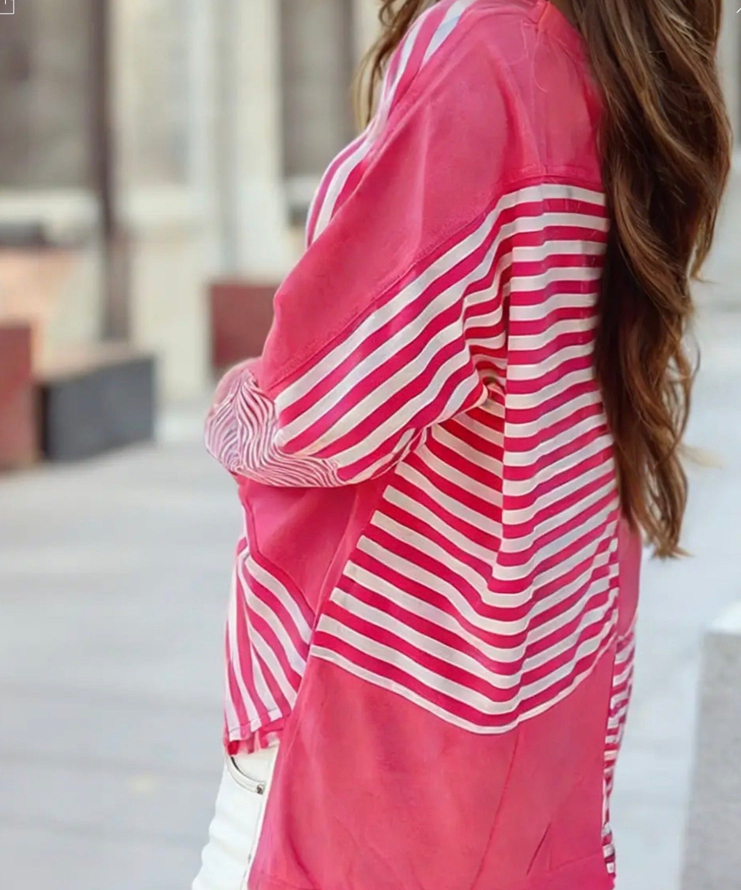 Colorblock Patchwork Drop Shoulder Long Sleeve Tunic Top - Pink Stripe - Blue Sky Fashions & Lingerie