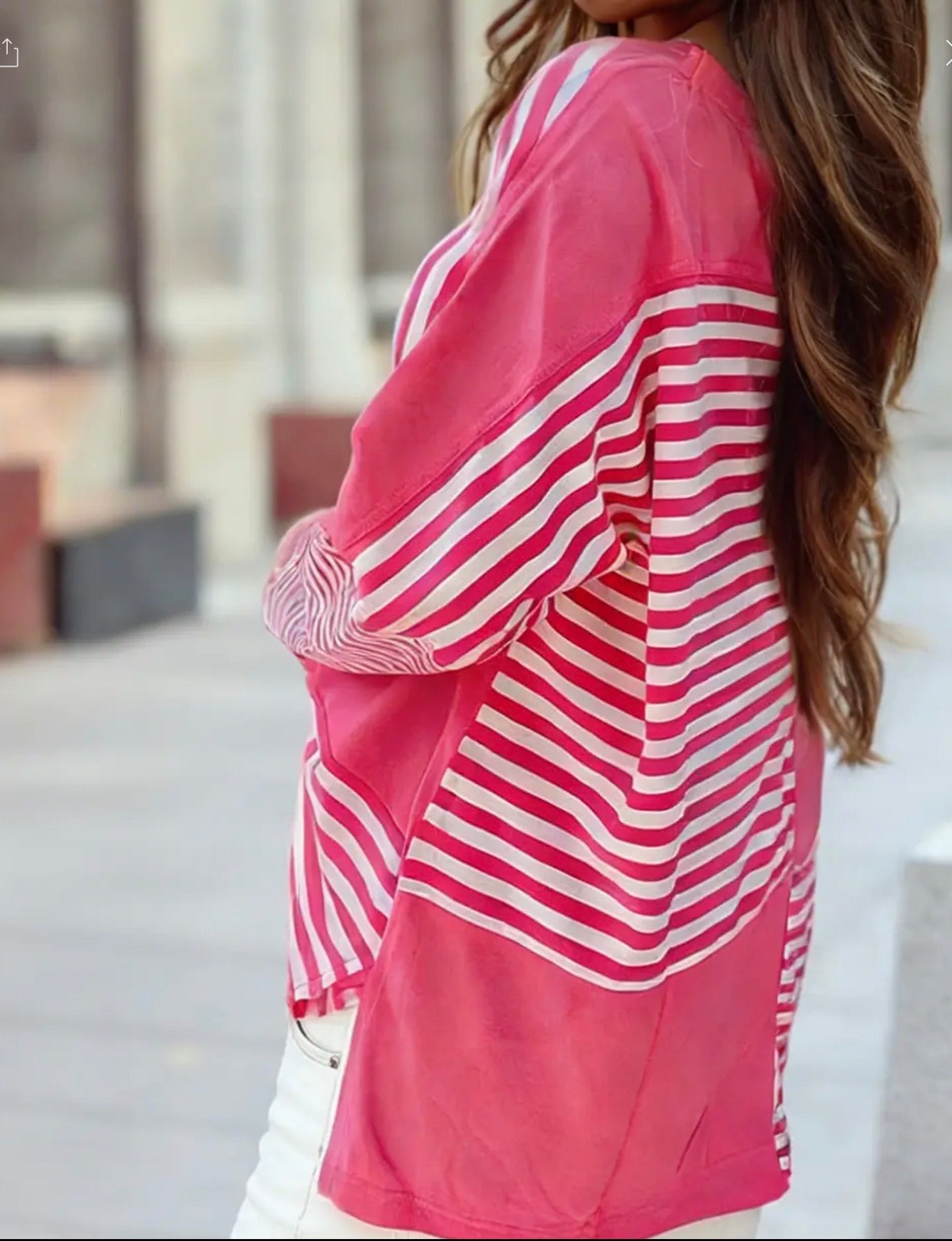 Colorblock Patchwork Drop Shoulder Long Sleeve Tunic Top - Pink Stripe - Blue Sky Fashions & Lingerie