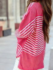 Colorblock Patchwork Drop Shoulder Long Sleeve Tunic Top - Pink Stripe - Blue Sky Fashions & Lingerie