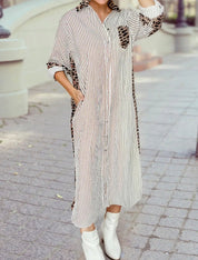 Contrast Leopard Patchwork Long Shirt Dress with Slits - Blue Sky Fashions & Lingerie