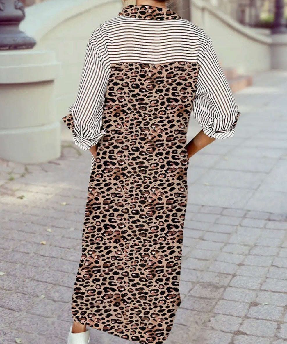 Contrast Leopard Patchwork Long Shirt Dress with Slits - Blue Sky Fashions & Lingerie