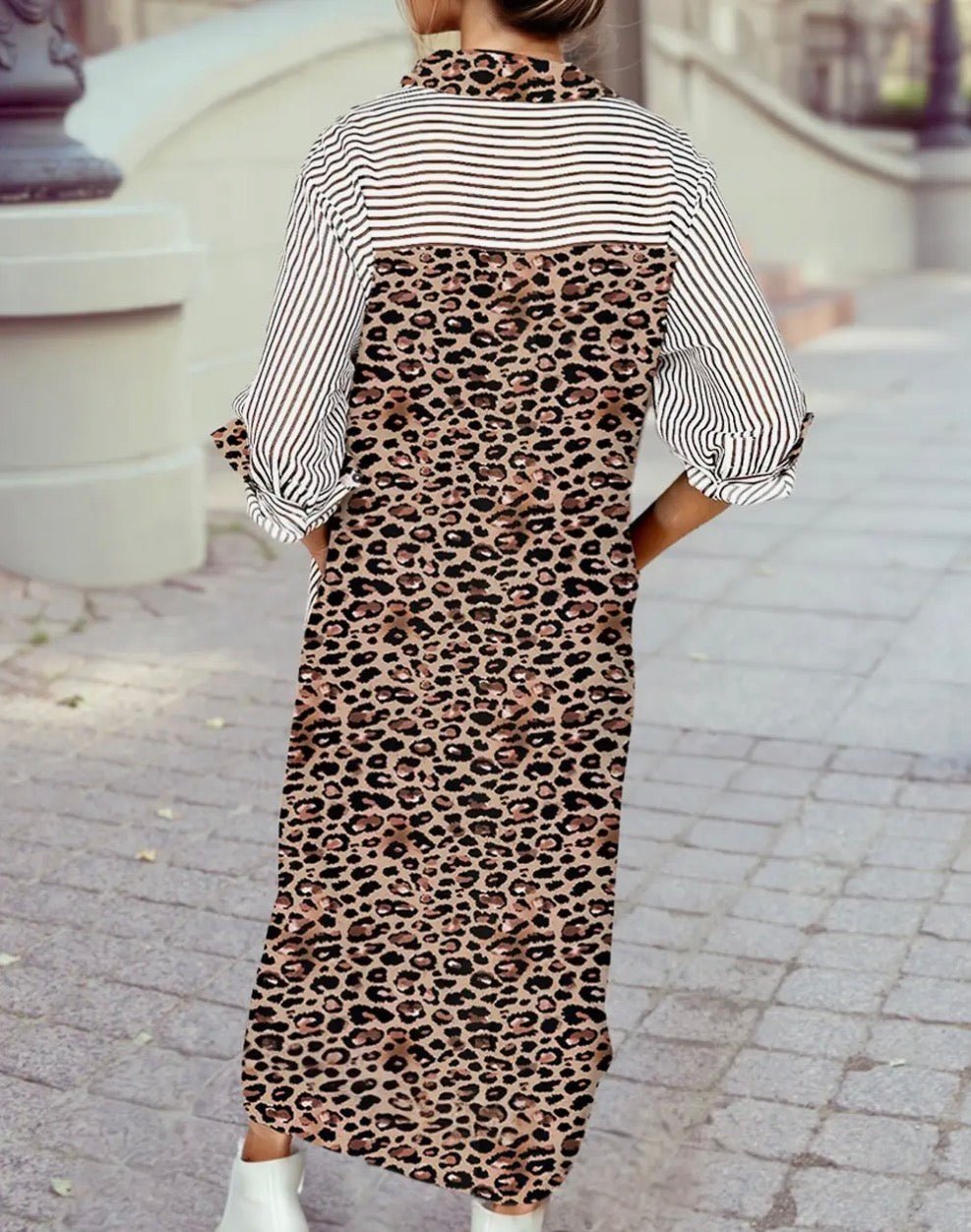 Contrast Leopard Patchwork Long Shirt Dress with Slits - Blue Sky Fashions & Lingerie