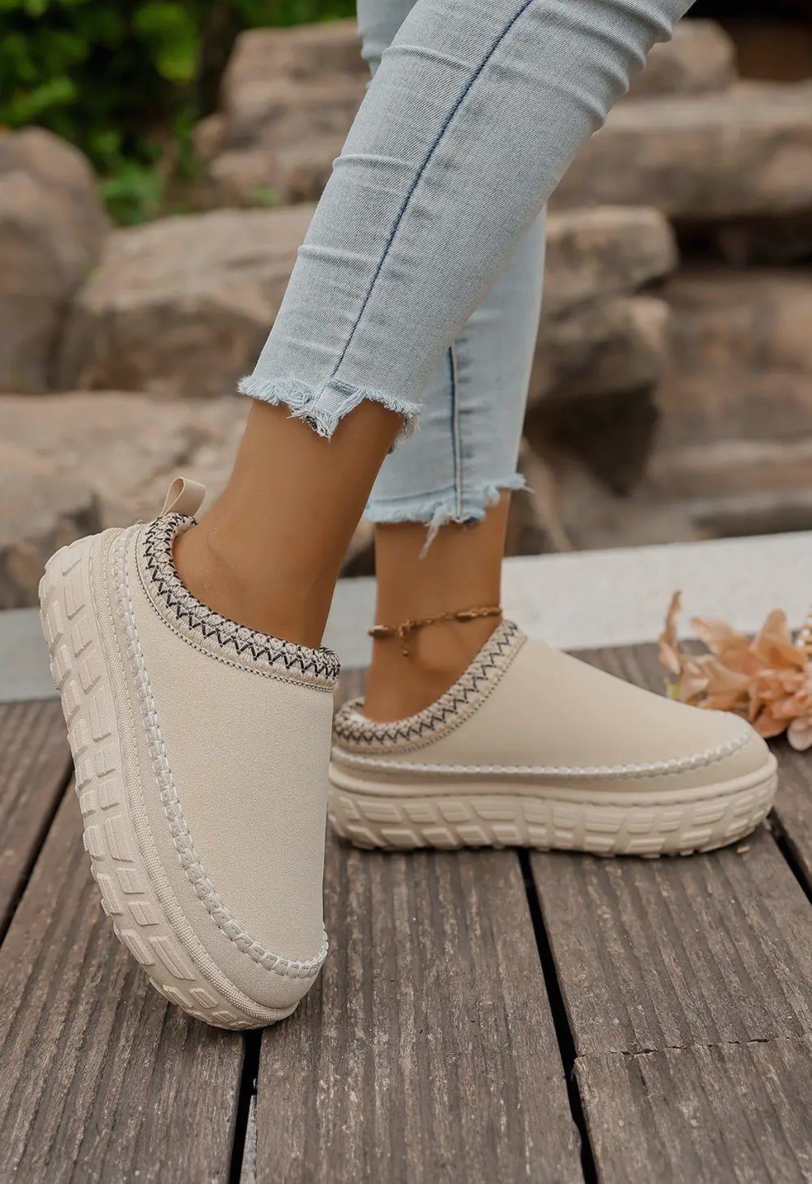 Contrast Stitch Detail Faux Suede Pu Patchwork Plush Slipper - Blue Sky Fashions & Lingerie