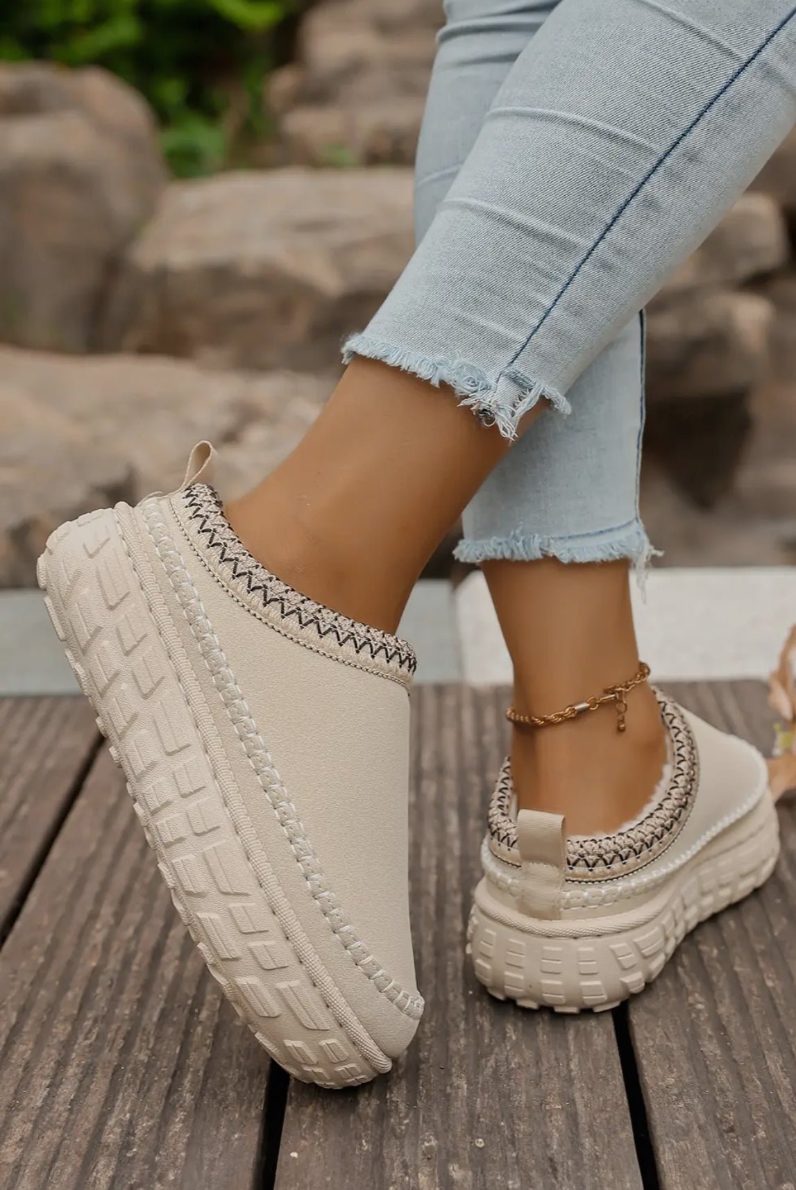 Contrast Stitch Detail Faux Suede Pu Patchwork Plush Slipper - Blue Sky Fashions & Lingerie