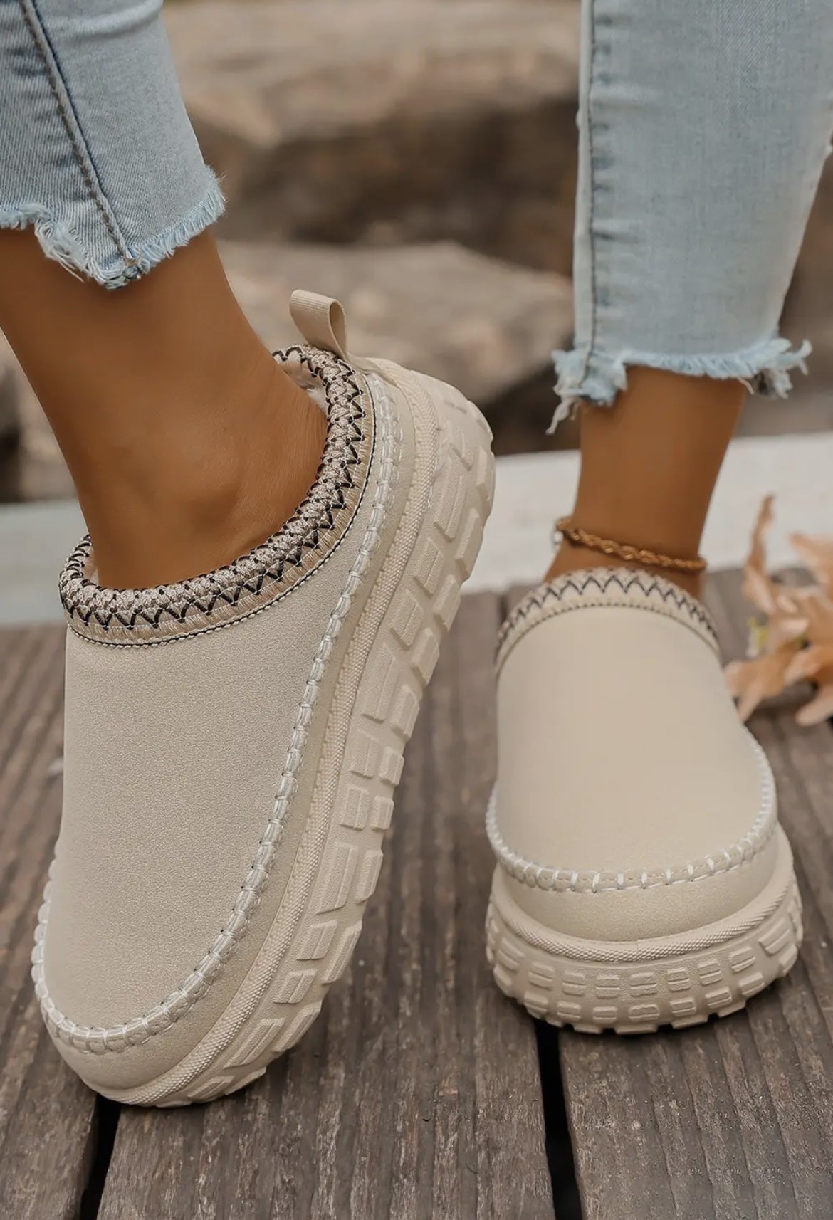 Contrast Stitch Detail Faux Suede Pu Patchwork Plush Slipper - Blue Sky Fashions & Lingerie