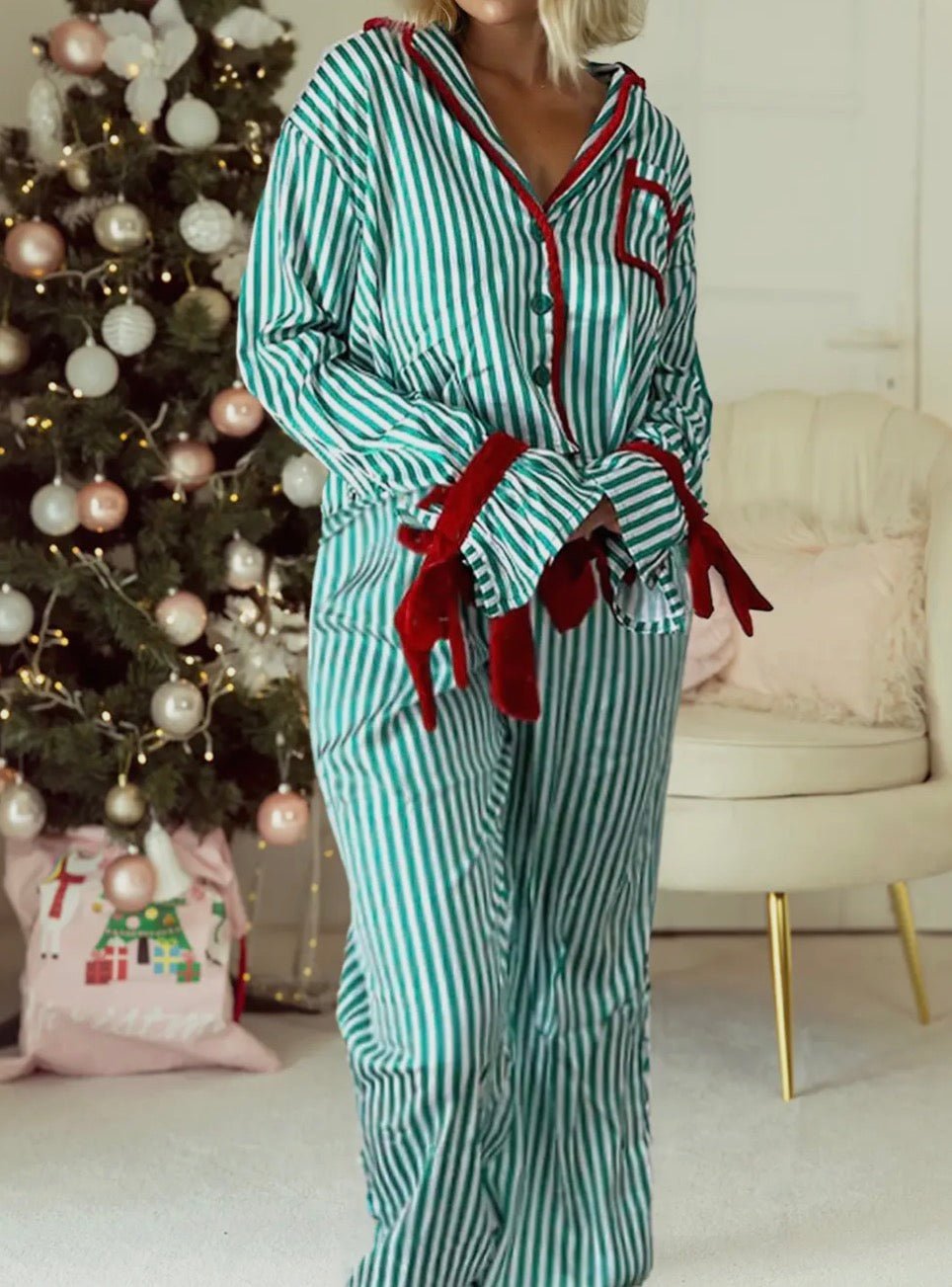 Contrast Velvet Trim Bow Knot Waist 2pcs Pajama Set - Blue Sky Fashions & Lingerie