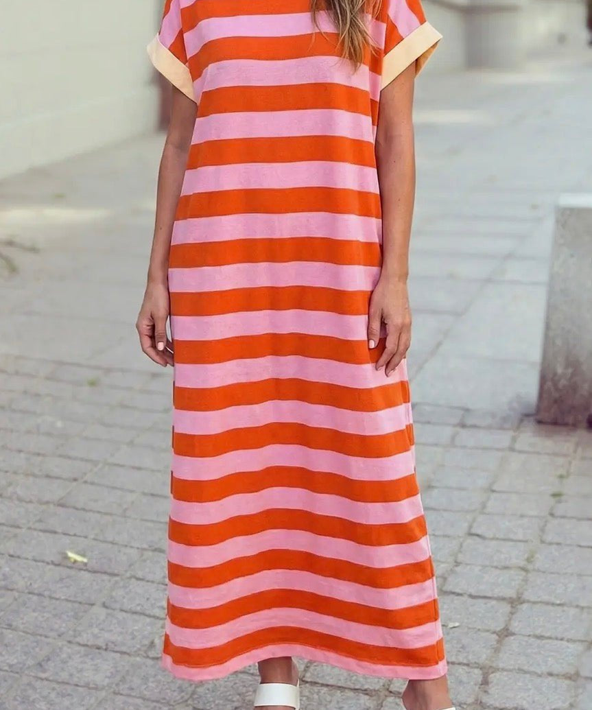 Contrasting Cuffed Pocketed Shift Striped Long Dress - Blue Sky Fashions & Lingerie