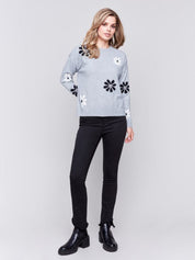 Crew Neck Long Sleeve With Flower Jacquard by Charlie B - Blue Sky Fashions & Lingerie