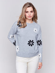 Crew Neck Long Sleeve With Flower Jacquard by Charlie B - Blue Sky Fashions & Lingerie