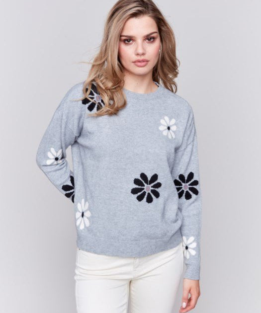 Crew Neck Long Sleeve With Flower Jacquard by Charlie B - Blue Sky Fashions & Lingerie