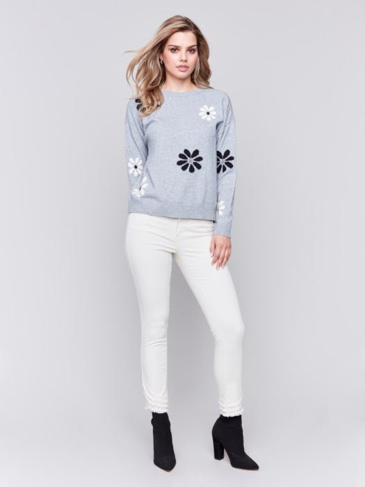 Crew Neck Long Sleeve With Flower Jacquard by Charlie B - Blue Sky Fashions & Lingerie