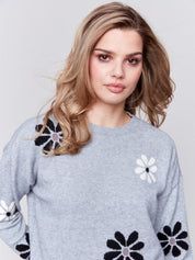 Crew Neck Long Sleeve With Flower Jacquard by Charlie B - Blue Sky Fashions & Lingerie