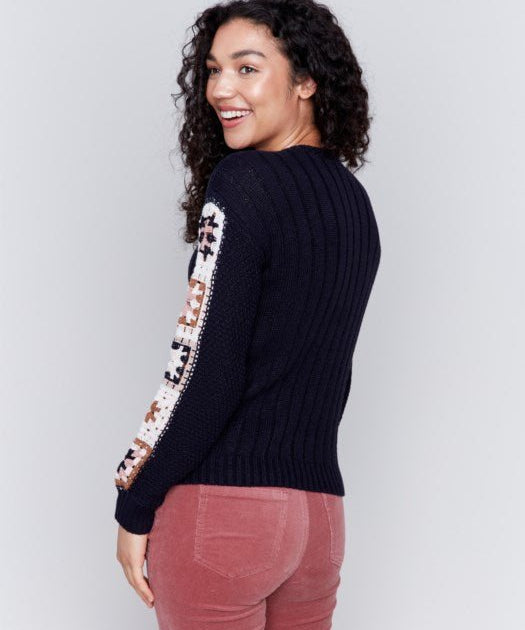 Crew Neck Sweater Knit With Crochet Sleeves by Charlie B - Blue Sky Fashions & Lingerie