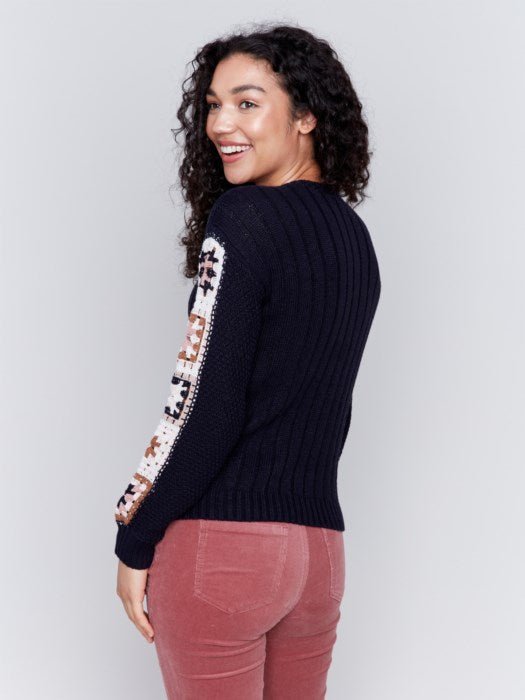 Crew Neck Sweater Knit With Crochet Sleeves by Charlie B - Blue Sky Fashions & Lingerie