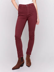 Cuffed Hem Twill Jeans - Cabernet - Blue Sky Fashions & Lingerie