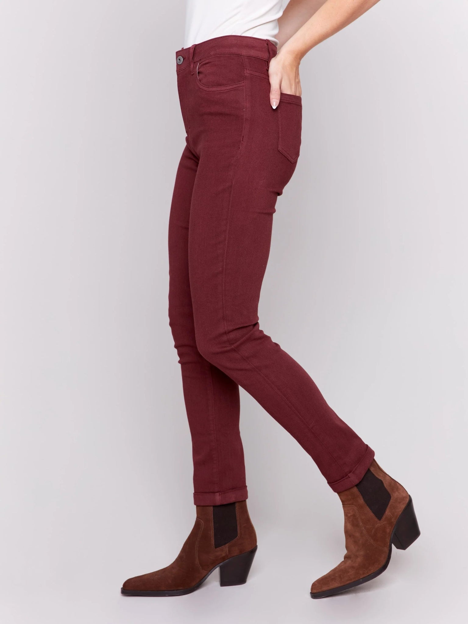 Cuffed Hem Twill Jeans - Cabernet - Blue Sky Fashions & Lingerie