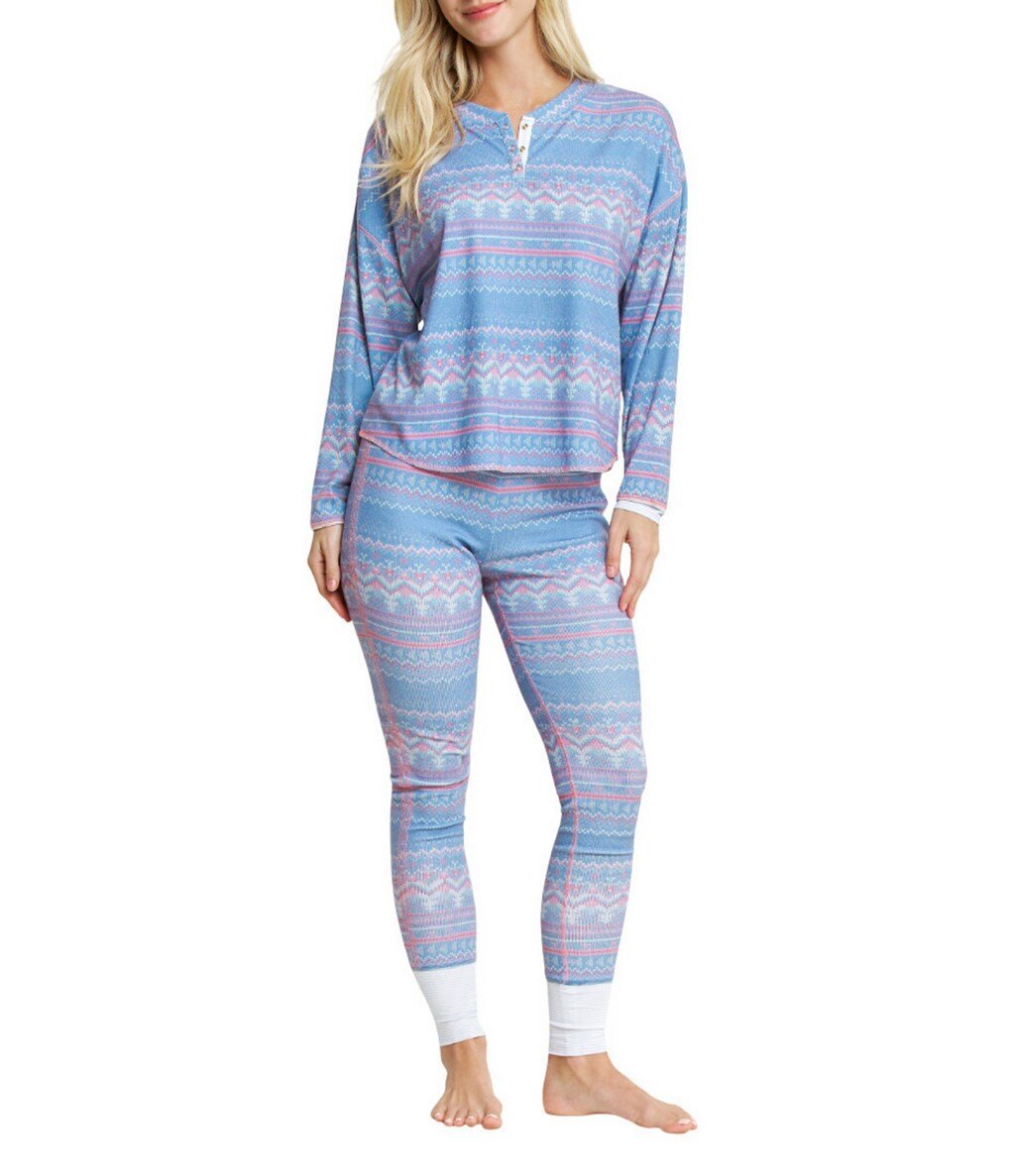 Daybreak Fair Isle Print Long Sleeve Ribbed Jersey Knit Long Holiday Pajama Set - Blue Sky Fashions & Lingerie