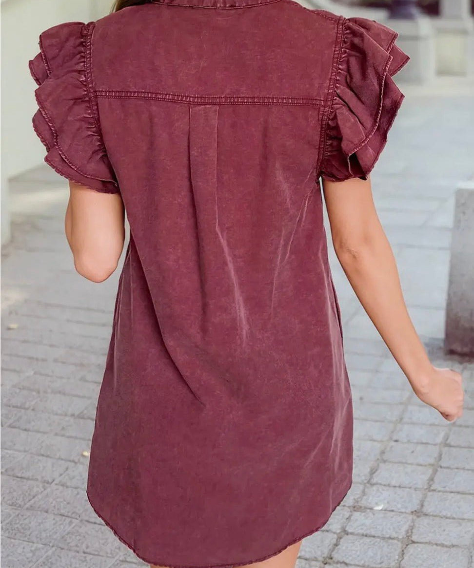 Detail Button Down Ruffle Short Sleeve Denim Mini Dress - Red Sandalwood - Blue Sky Fashions & Lingerie