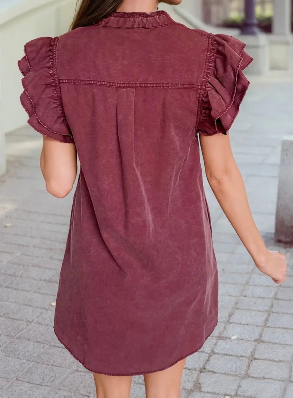 Detail Button Down Ruffle Short Sleeve Denim Mini Dress - Red Sandalwood - Blue Sky Fashions & Lingerie