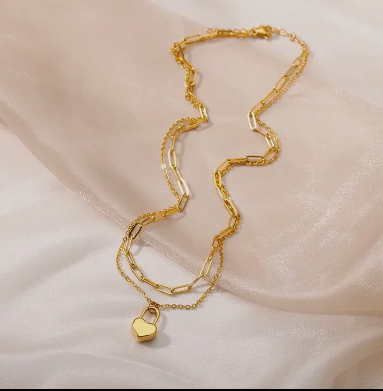 Double Layering Necklace with Paperclip & Lock Heart - Blue Sky Fashions & Lingerie